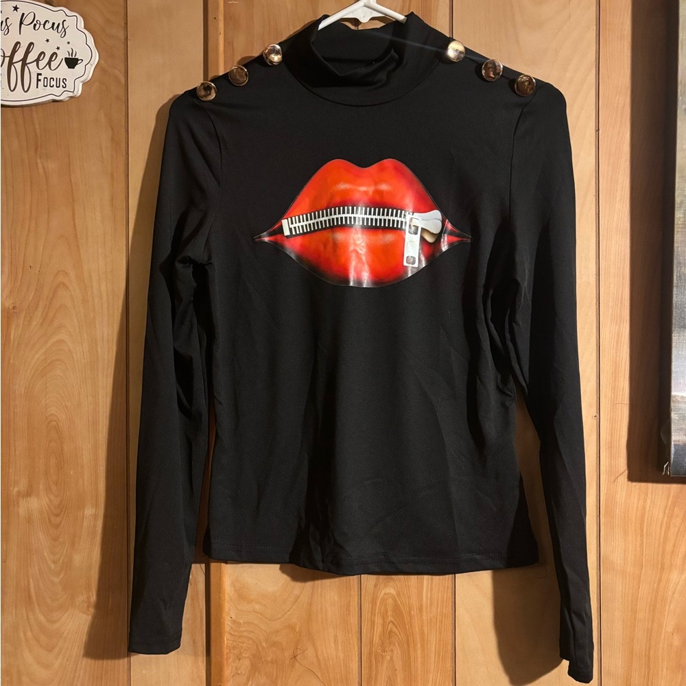 Black Long Sleeve Top with Red Lip Design